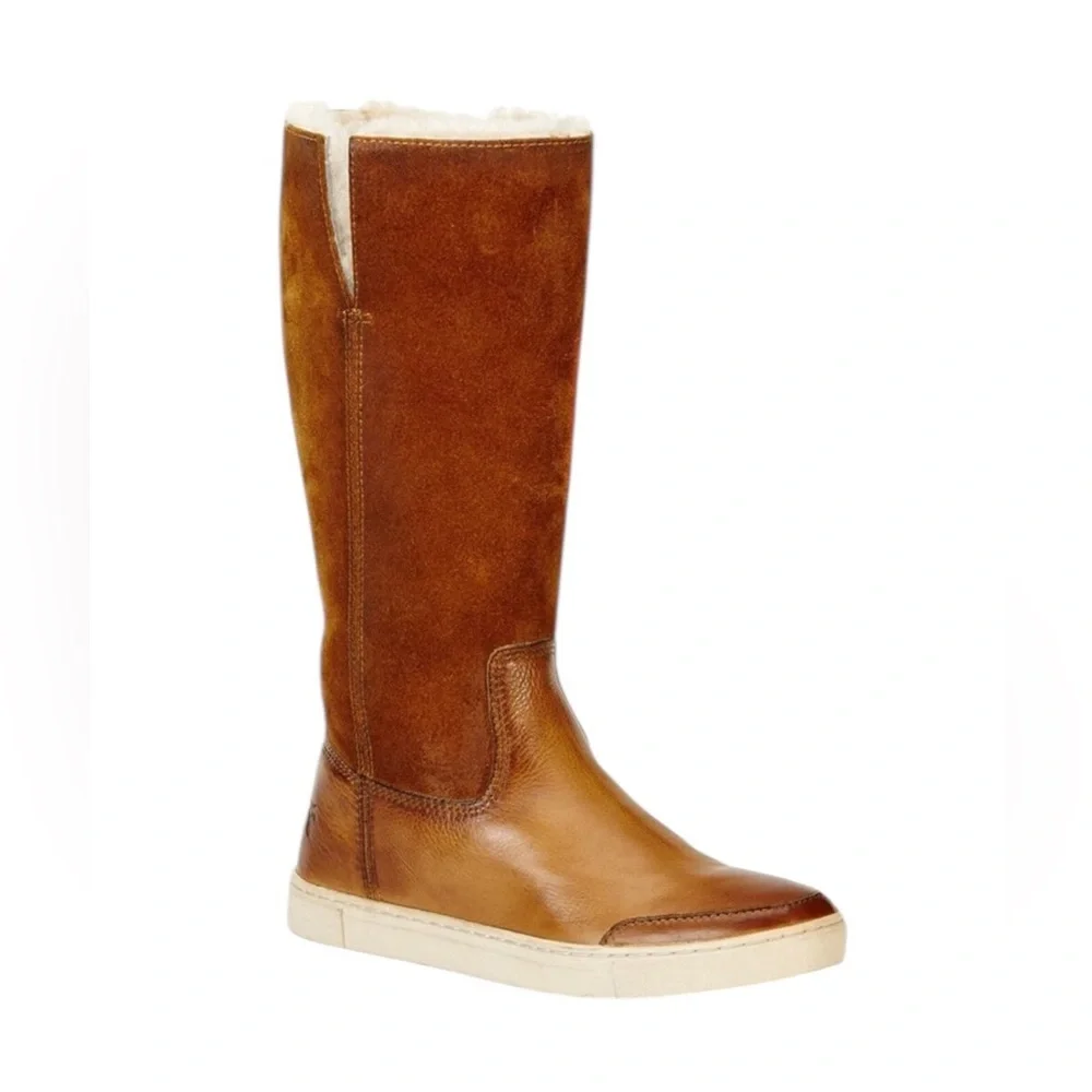 Frye Gemma Tall Shearling Boots Suede and Leather Cognac Size 8.5